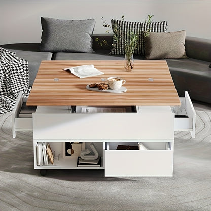 Salontafel – Koffietafel – Bijzettafel – Woonkamertafel – Tafel – Bamboe – Verstelbare Hoogte Met Lift-Top – 4 Lade Opbergruimte Met Wieltjes