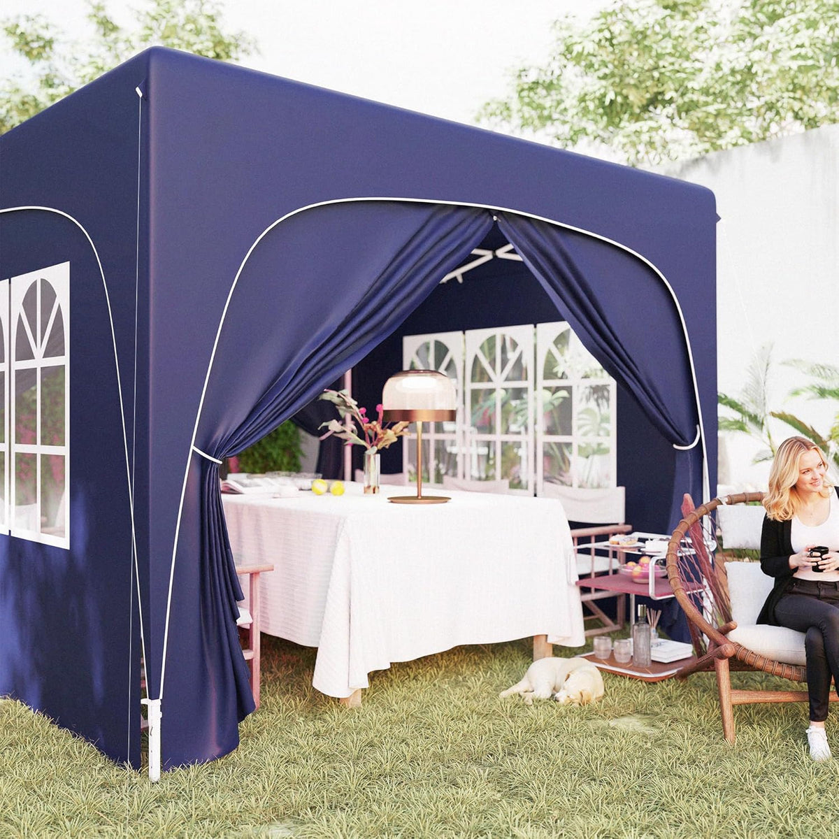 Outsunny Pavillon 3x3m, wasserabweisend Stabil Winterfest Pop-up Faltpavillon, UV Schutz 50+, Faltbar Partyzelt Gartenzelt mit 4 Seitenteilen Tasche Gartenpavillon für Camping Garten, Dunkelblau - QUORE