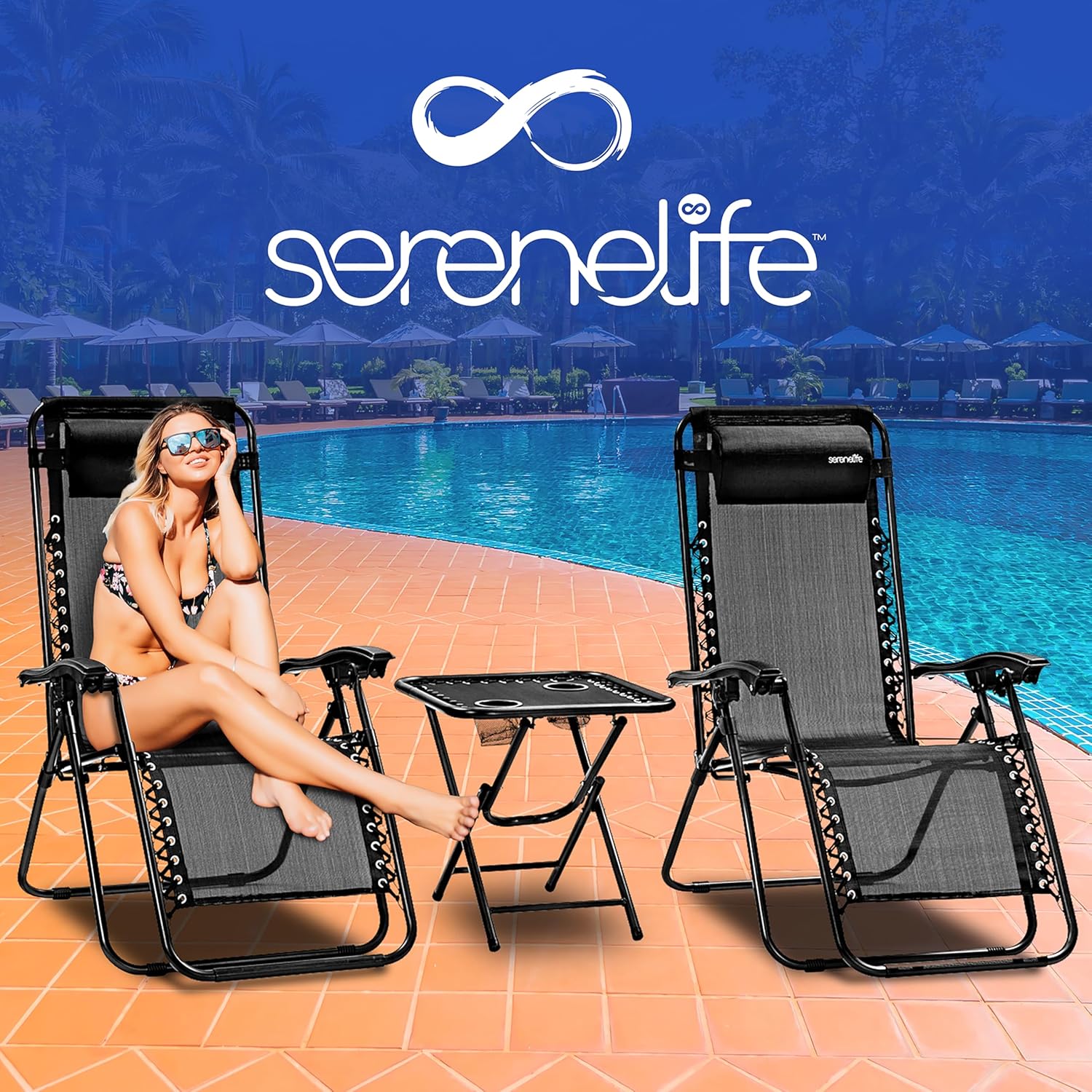 Serenelife Sun Lounger, Set of 2 Sun Loungers - Adjustable Garden Loungers with Side Table, 2 Cup Holders and Removable Cushions - Foldable and Portable Lounge Chairs for Terrace, Garden, Beach - Grey - QUORE