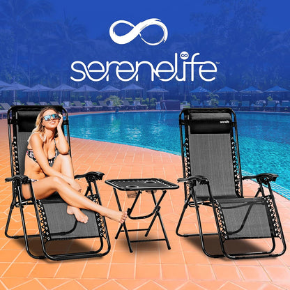 Serenelife Sun Lounger, Set of 2 Sun Loungers - Adjustable Garden Loungers with Side Table, 2 Cup Holders and Removable Cushions - Foldable and Portable Lounge Chairs for Terrace, Garden, Beach - Grey - QUORE