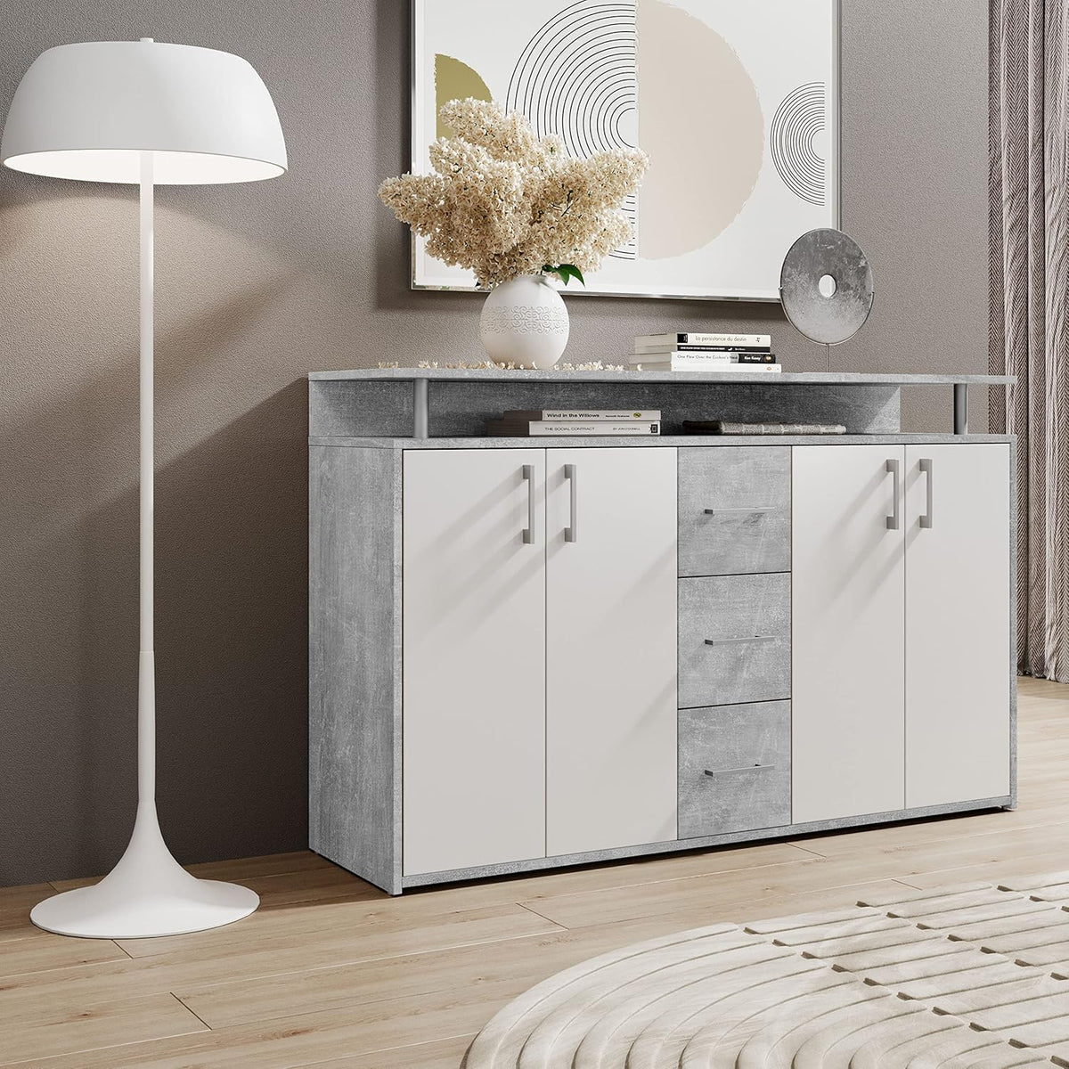 Stella Trading Drift Highboard, houtdecor, betonwit, (B/H/D) 139 x 90 x 34 cm