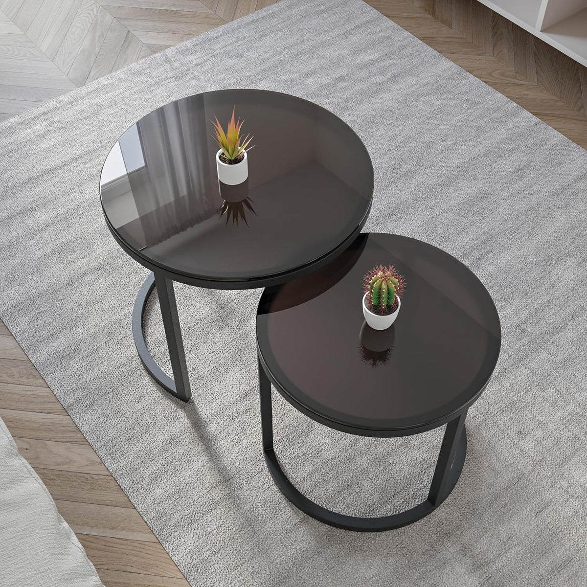 Modena, Set van 2 Salontafels van Gehard Glas en Staal, Handgemaakt in Europa, Bijzettafel, Koffietafel, Coffee Table, Zwart, Ronde, Ø50x43 cm / Ø40x38 cm