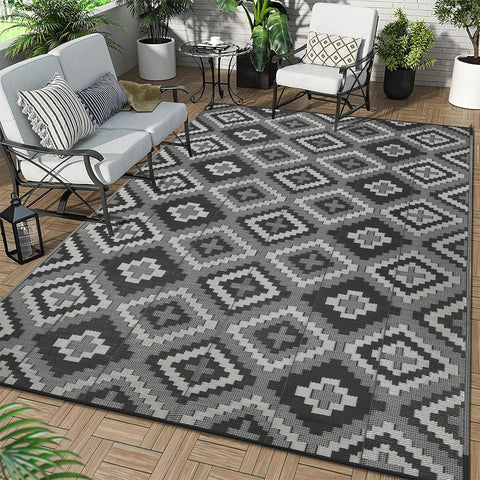 Buiten Vloerkleed - Buitenkleden - Buitentapijt - Opvouwbaar - UV-bestendig - Waterdicht - Buitenmatten - voor Buiten - Balkon - Strand - Picknick -Terras - Rechthoekig - 240 x 300 cm - Zwart/Grijs