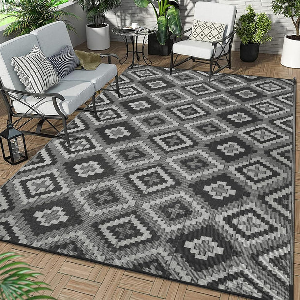 Buiten Vloerkleed - Buitenkleden - Buitentapijt - Opvouwbaar - UV-bestendig - Waterdicht - Buitenmatten - voor Buiten - Balkon - Strand - Picknick -Terras - Rechthoekig - 240 x 300 cm - Zwart/Grijs