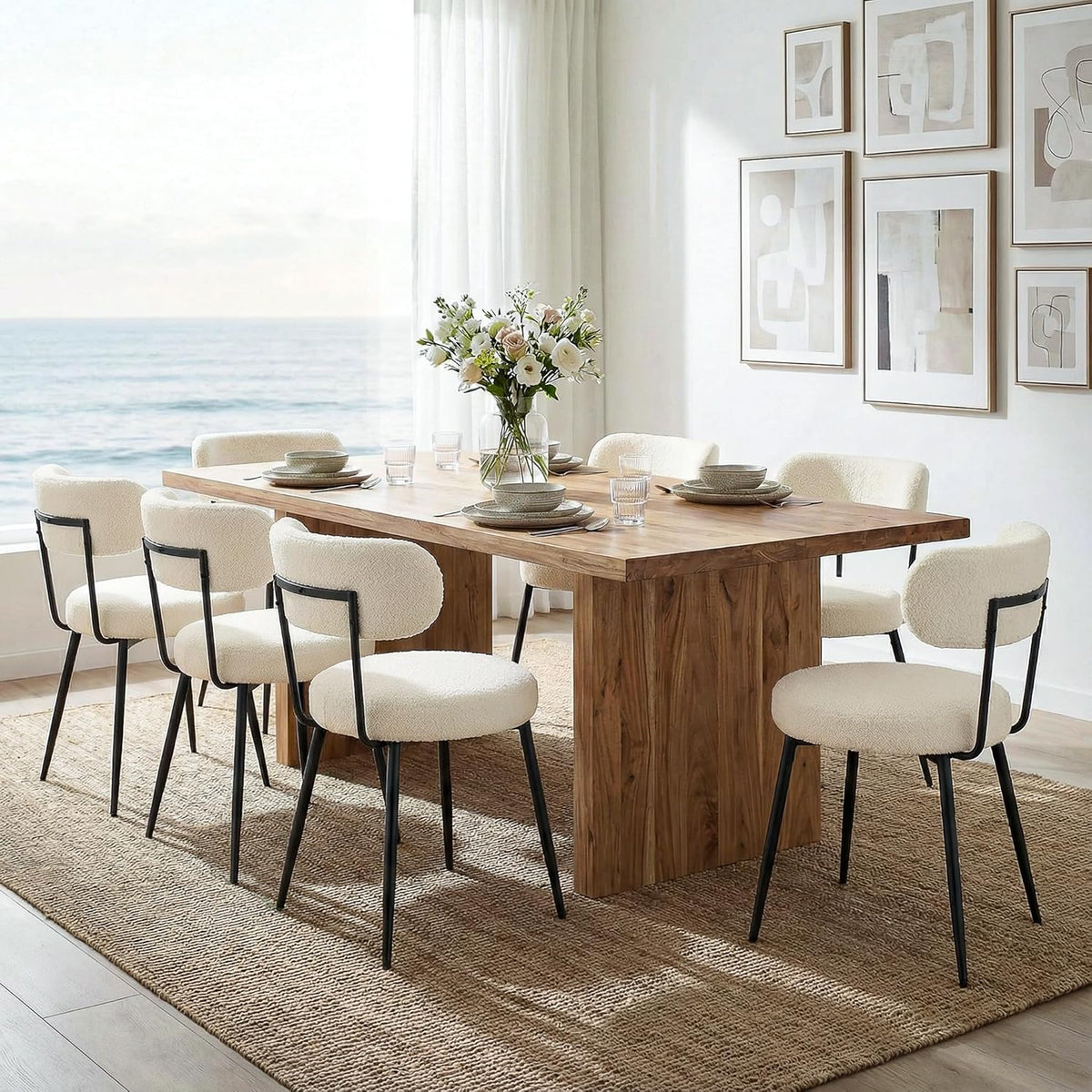 Set van 2 Bouclé Teddy eetkamerstoelen, gestoffeerd, moderne keukenstoelen zonder armleuning en metalen poten, beige, comfortabele gestoffeerde stoelen voor eetkamer en keuken