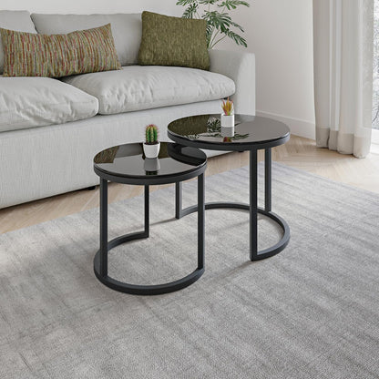 Modena, Set van 2 Salontafels van Gehard Glas en Staal, Handgemaakt in Europa, Bijzettafel, Koffietafel, Coffee Table, Zwart, Ronde, Ø50x43 cm / Ø40x38 cm