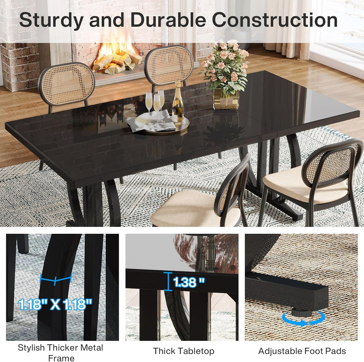 Tribesigns Black Dining Table for 4-6 People, 160 cm Rectangular Kitchen Table with Strong Metal Frame, Modern Industrial Kitchen and Dining Room Furniture