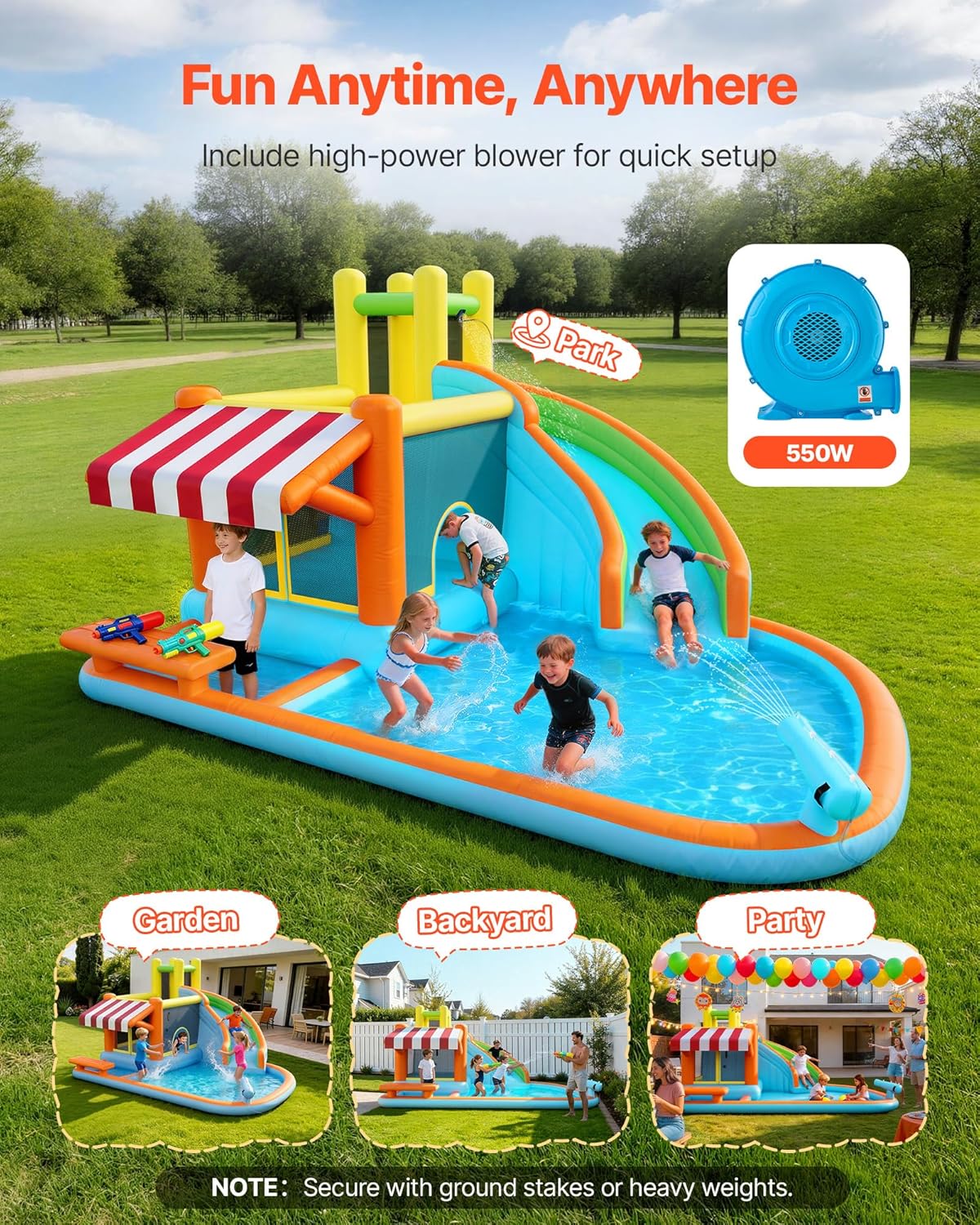 VEVOR Springhuis voor kinderen, opblaasbaar springhuis met luchtblazer, waterglijbaan, uitsmijterkasteel met kasteelspringers, hoge glijbaan, spatzwembad en pretend-marktstand, voor 3 tot 4 kinderen