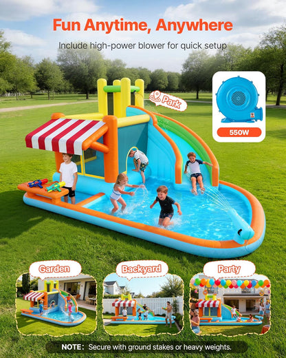 VEVOR Springhuis voor kinderen, opblaasbaar springhuis met luchtblazer, waterglijbaan, uitsmijterkasteel met kasteelspringers, hoge glijbaan, spatzwembad en pretend-marktstand, voor 3 tot 4 kinderen