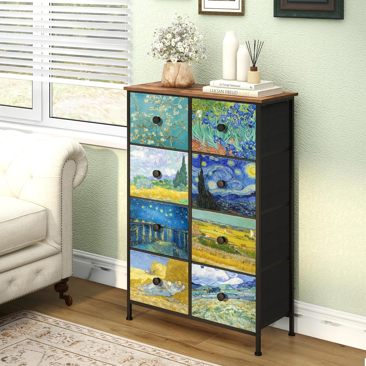 VEDECASA Smalle commode voor slaapkamer, hoge commode met 8 laden, Van Gogh lade-eenheid voor kinderkamer, woonkamer, hal, slaapkamer, kantoor, metalen frame, houten plaat, commode