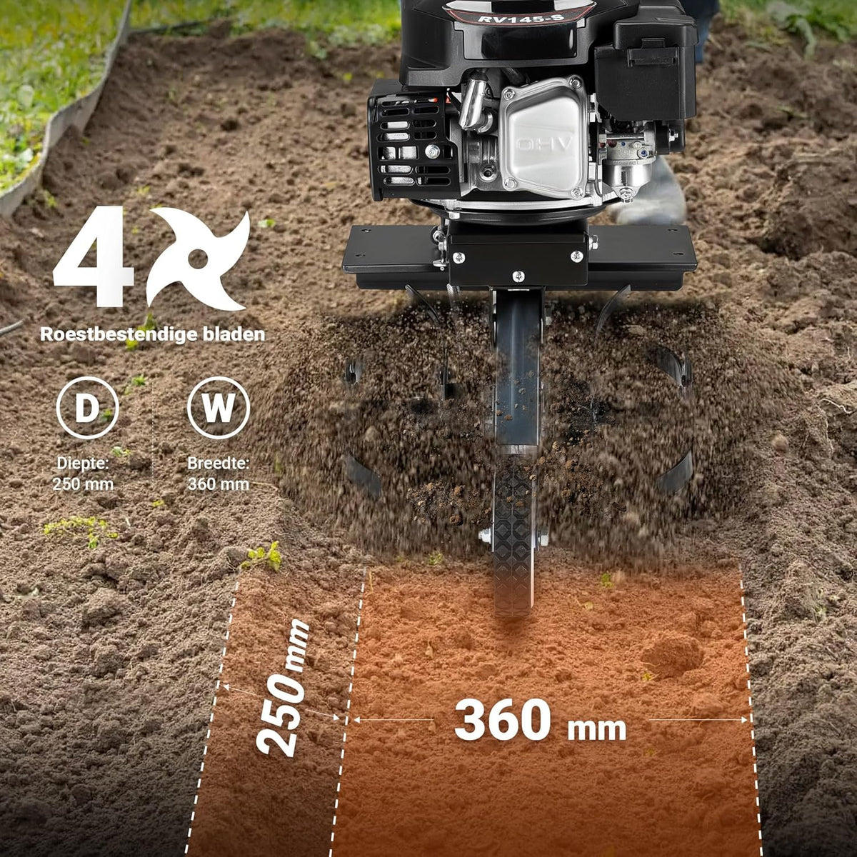 Wiltec tuinfrees benzine werkbreedte van 36 cm, grondfreesmachine motor 144 ccm en 4 messen, cultivator met brandstofaandrijving Euro 5, robuuste grondfrees voor tuinwerk