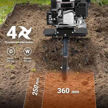 Wiltec tuinfrees benzine werkbreedte van 36 cm, grondfreesmachine motor 144 ccm en 4 messen, cultivator met brandstofaandrijving Euro 5, robuuste grondfrees voor tuinwerk
