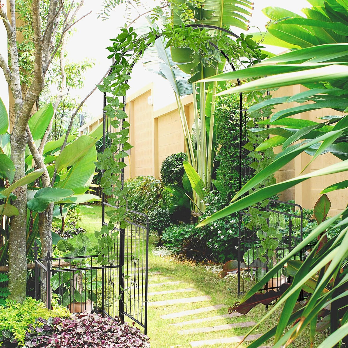 Outsunny Metal Garden Arbor Arch with Double Doors, 2 Side Planters, Climbing Vine Frame, Black - QUORE