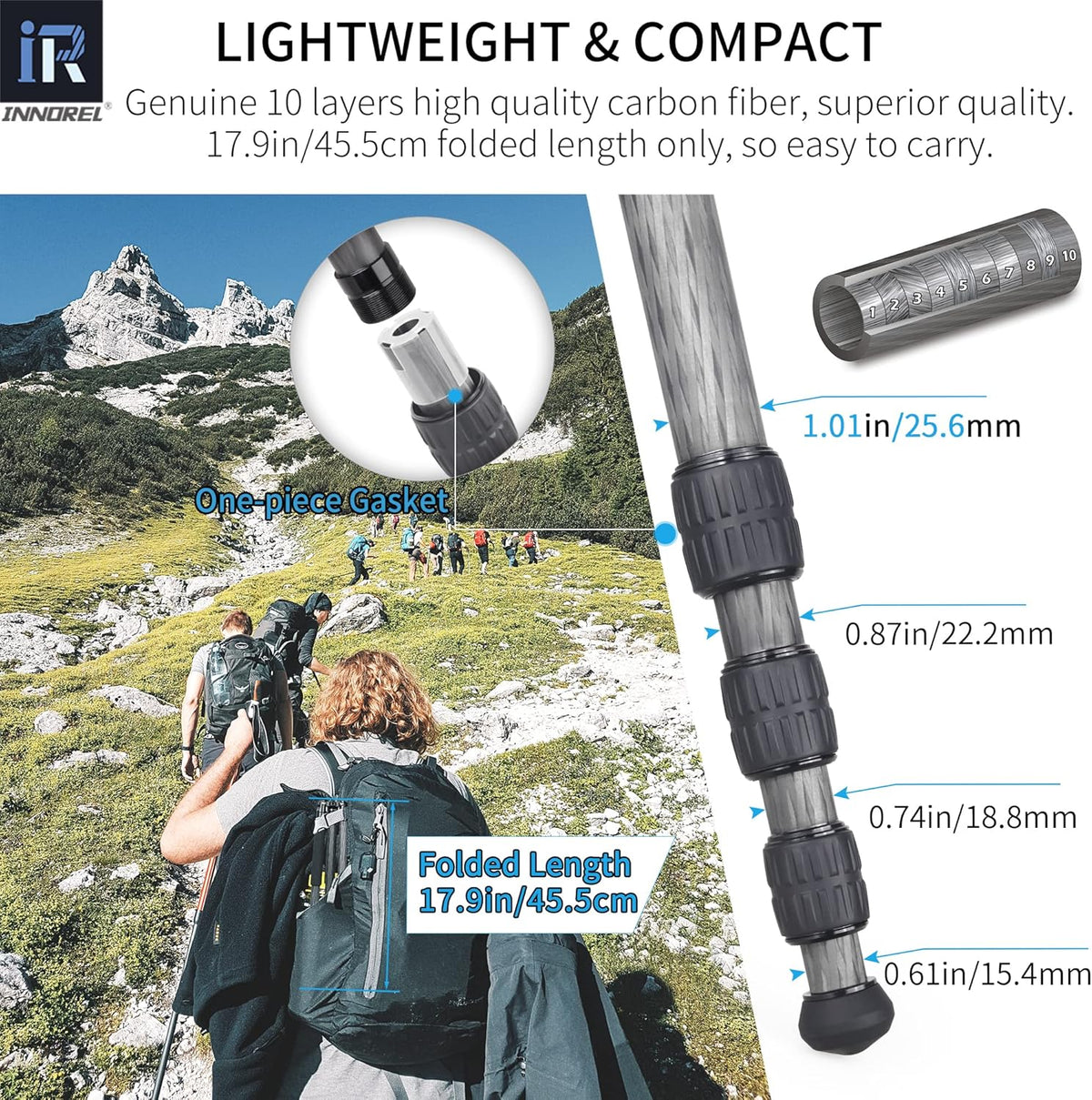 Draagbare 10 Lagen Koolstofvezel Statief - INNOREL RT45C+N36 Professionele Reizen Compact Lichtgewicht Statief Monopod voor DSLR Camera Camcorder met 36 mm Low Center Gravity Ball Head, Load 33lb/15kg
