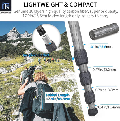 Draagbare 10 Lagen Koolstofvezel Statief - INNOREL RT45C+N36 Professionele Reizen Compact Lichtgewicht Statief Monopod voor DSLR Camera Camcorder met 36 mm Low Center Gravity Ball Head, Load 33lb/15kg