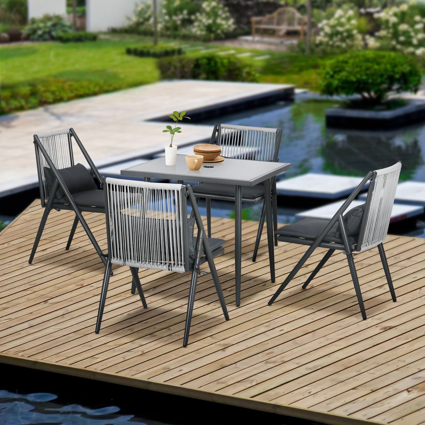 Tuinset – Tuinmeubelset – Buitenmeubelset – Terrasset – Diningset – 5-delig Met 4 Comfortabele Stoelen – Aluminium Frame Met Geharde Glazen Tafel