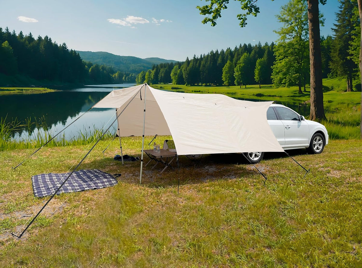 CampAir Autodakluifel met UV50+, zonnezeil met bies voor SUV, auto, bestelwagen en campingbussen, 2000 mm WS, incl. telescoopstangen en dakdragers, zwart, 6 kg