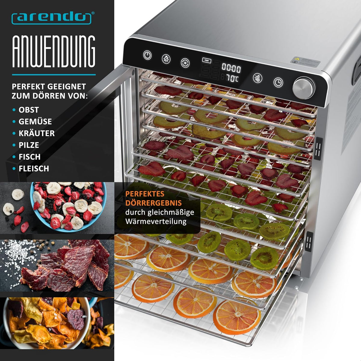 Arendo - Voedseldroger van roestvrij staal met 10 roestvrijstalen roosters - 8400 cm² - droogapparaat dehydrator fruitdroger droogapparaat - fruit, vlees, paddenstoelen enz