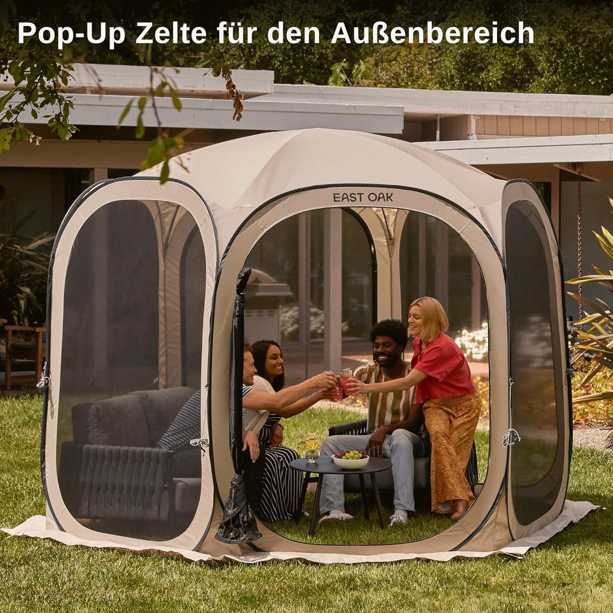 EAST OAK Pop-up tent en paviljoen, 3 x 3 m, grote werptent voor 4-6 personen, gazebo voor camping, tuin, terras, stoffen waterdicht, UPF 50+ uv-bescherming, 360° ventilatie, anti-muggen, met draagtas,