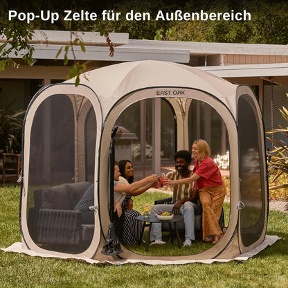 EAST OAK Pop-up tent en paviljoen, 3 x 3 m, grote werptent voor 4-6 personen, gazebo voor camping, tuin, terras, stoffen waterdicht, UPF 50+ uv-bescherming, 360° ventilatie, anti-muggen, met draagtas,