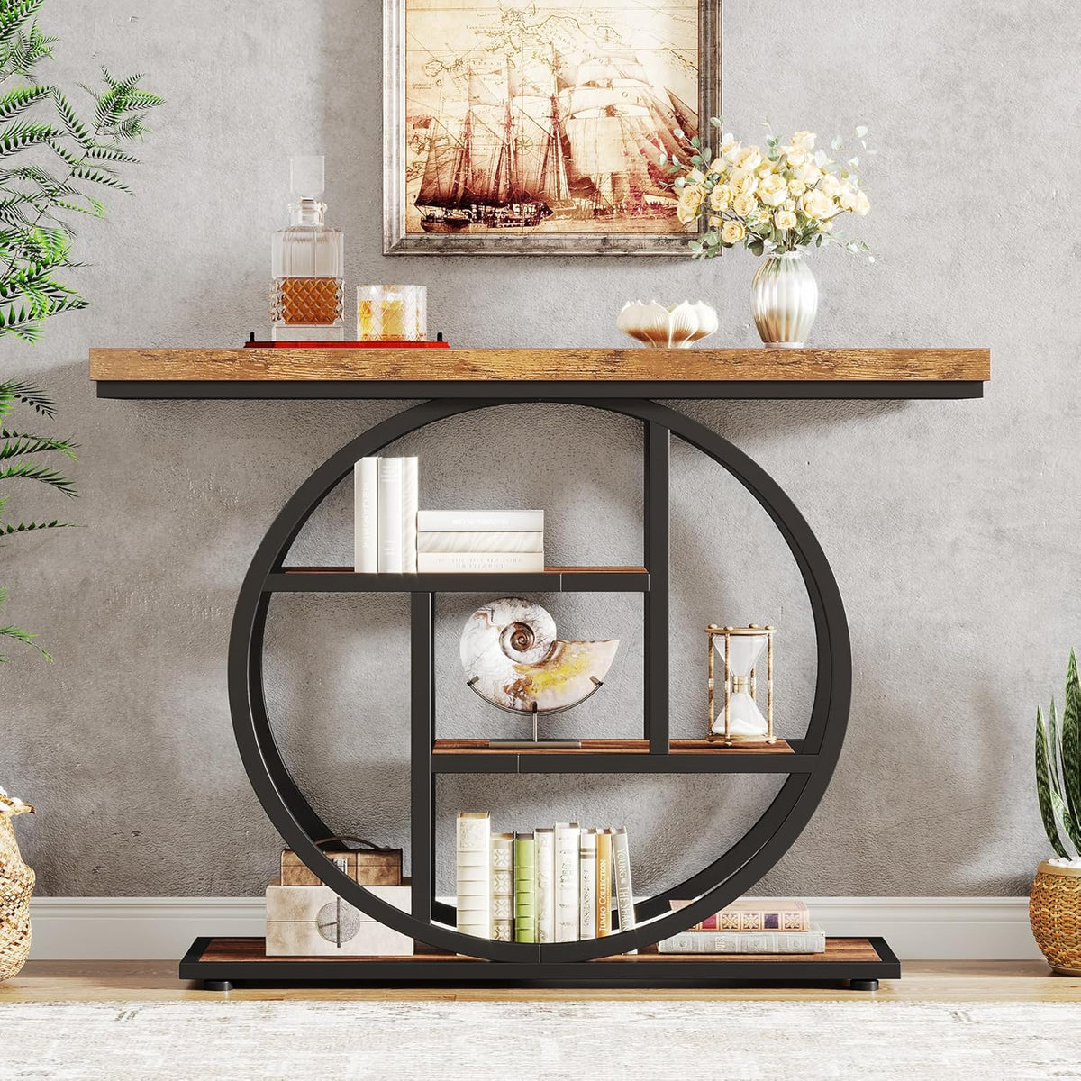 Tribesigns Console Table 105cm with 4 Levels, Narrow Industrial Sofa Table with Round Metal Frame, Wooden Entrance Table with Storage Racks for Living Room (Rustic Brown) - QUORE