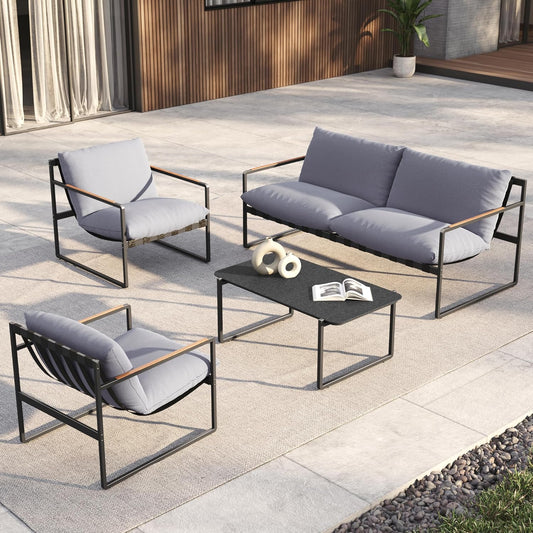 Grand patio Rope Loungeset, 4-zits tuinmeubelset met kussen, 2-zitsbank, 2 stoelen en 1 tafel, metalen zitgroep voor tuin, terras, buiten, binnen