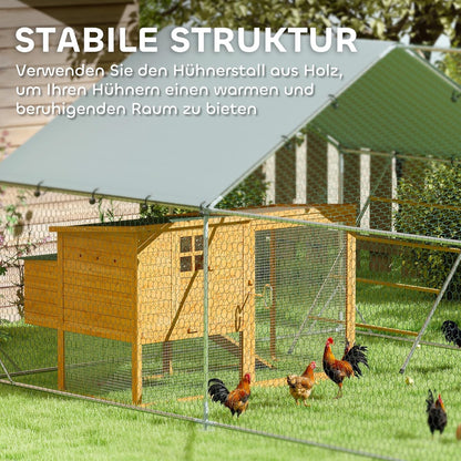 PawHut Hühnerstall Freilaufgehege aus Stahl, 300 x 400 x 195 cm Hühnerkäfig mit UV-beständiger Abdeckung, Futtertür, Hängefütterung, Sitzstange, Hühnergehege für 12-18 Hühner, Kleintiererererung - QUORE