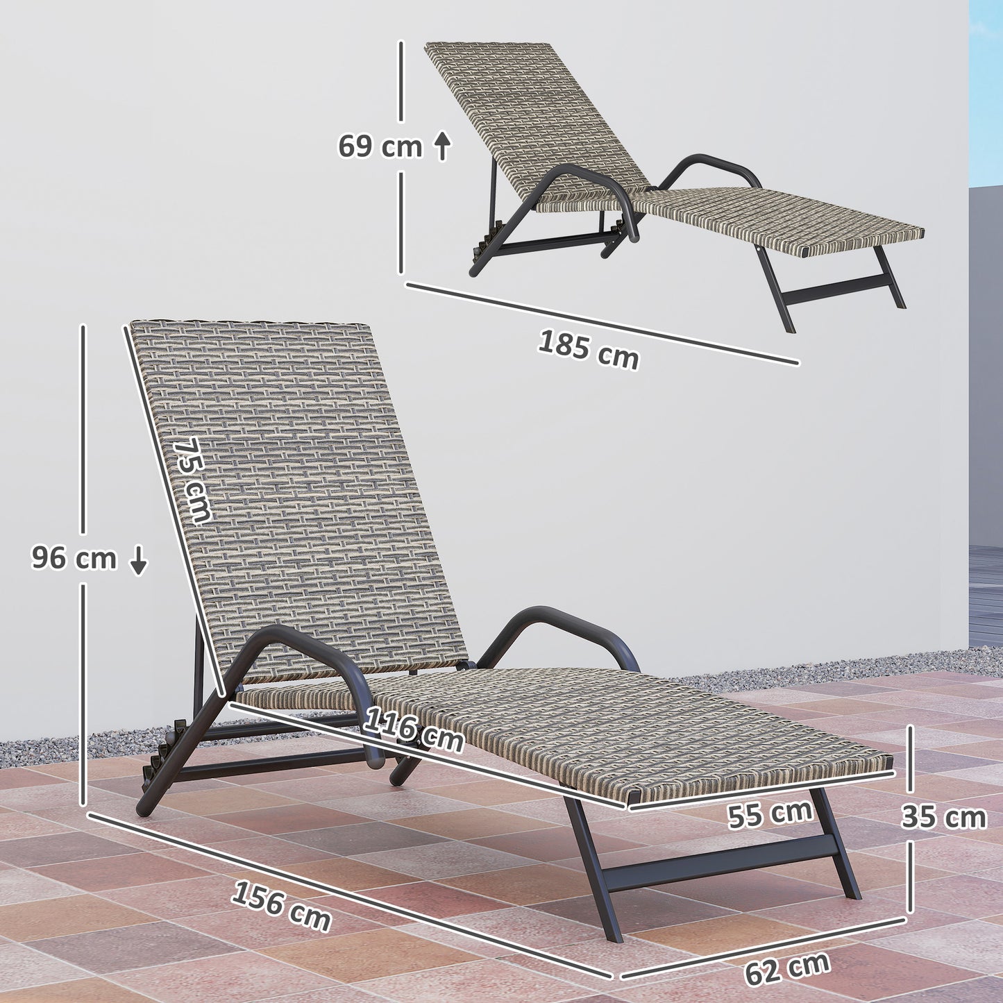 Outsunny Wicker Sun Lounger, Adjustable Reclining Garden Chair, S-Shaped, 4-Level, for Camping Pool Terrace, 156 X 62 X 96 Cm, Brown