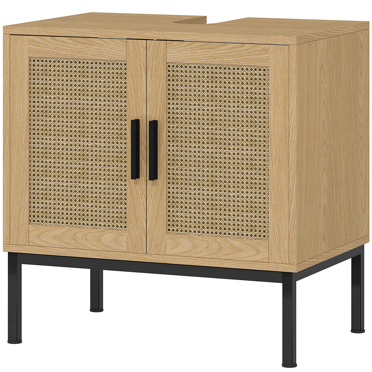 Badkamerkast – Badkamermeubel – Kolomkast – Opbergkast – Wastafelonderkast – Boho Stijl – Eikenhout Met Rattan – U-Vormig Ontwerp