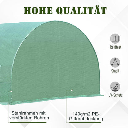 Heavy Duty Greenhouse with Arched Design & Window - Large 595x300x200cm (19.5x9.8x6.6ft) Outdoor Plant Insulation Room, Durable Plastic Construction with Sturdy Frame, All-Weather Protection, Ventilation System & Shelving Com