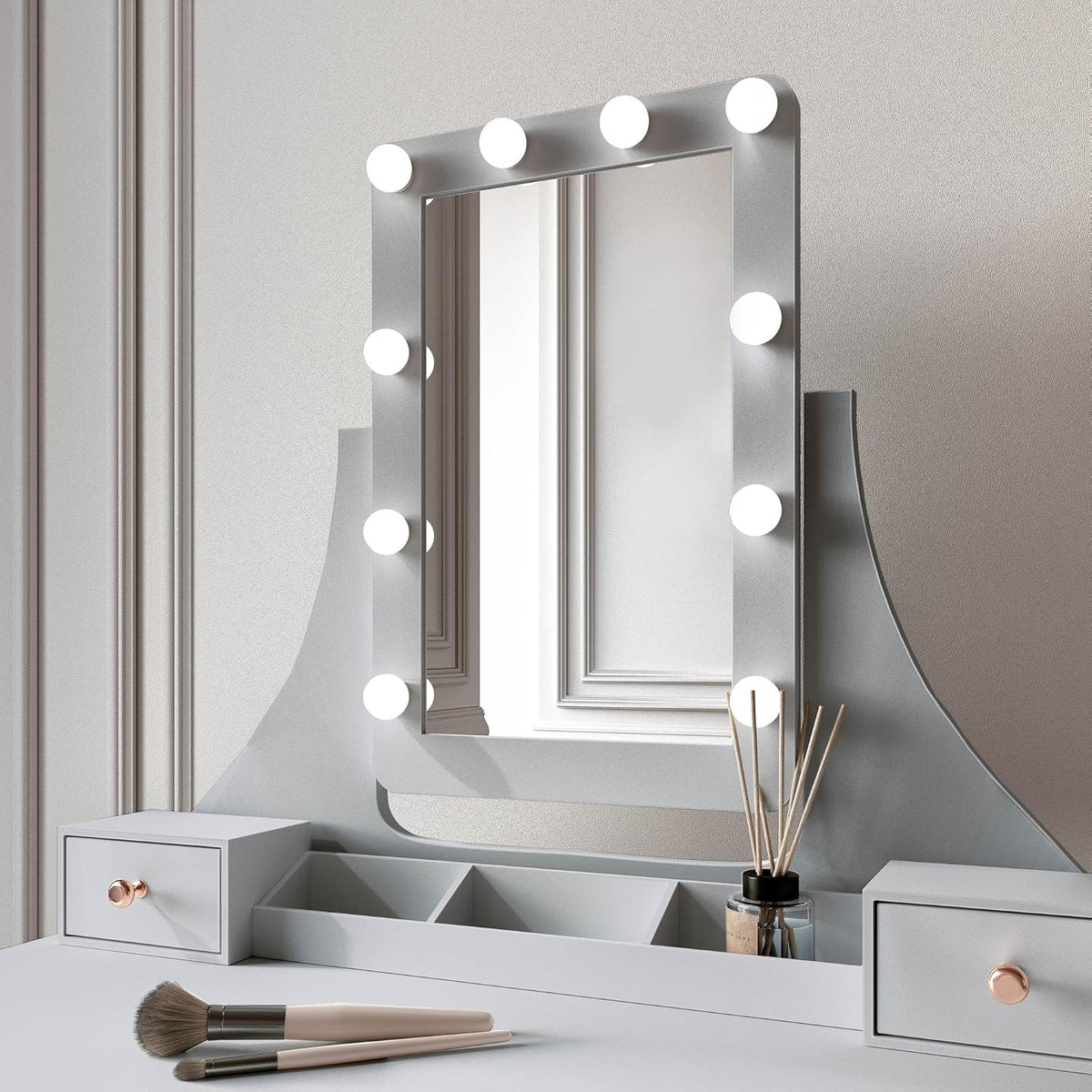Grey Dressing Table with Hollywood Lamps Mirror Drawers and Padded Stool Set - QUORE