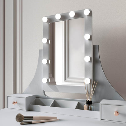 Grey Dressing Table with Hollywood Lamps Mirror Drawers and Padded Stool Set - QUORE
