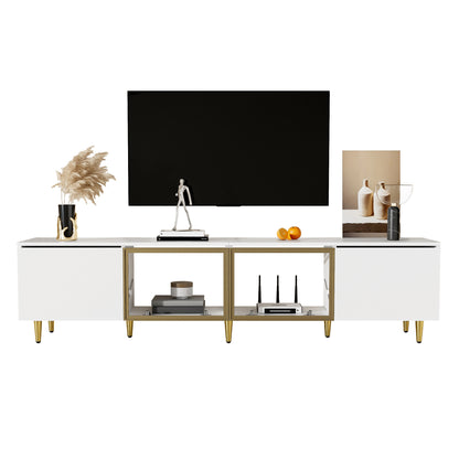 170 cm TV Cabinet – White Minimalist Style, Standing and Wall Mounting, 4 Doors (2 Glass Doors), Versatile Mounting Options, Perfect for Living Room