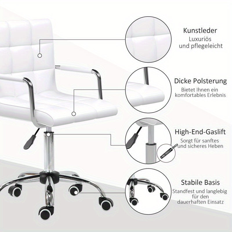 Adjustable Height Ergonomic Office Chair with 5-Wheel Swivel Base, Height-Adjustable Mechanism & Lumbar Support - Heavy-Duty Metal Frame, White Retro Modern Design Computer Desk Chair with Padded Armrests, 54.5cm Seat Height,