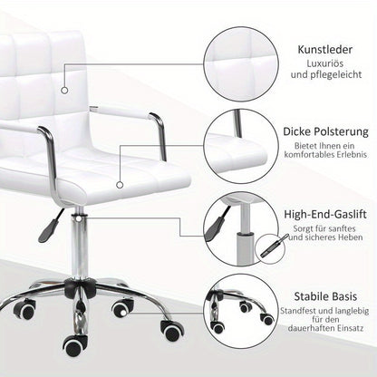 Adjustable Height Ergonomic Office Chair with 5-Wheel Swivel Base, Height-Adjustable Mechanism & Lumbar Support - Heavy-Duty Metal Frame, White Retro Modern Design Computer Desk Chair with Padded Armrests, 54.5cm Seat Height,