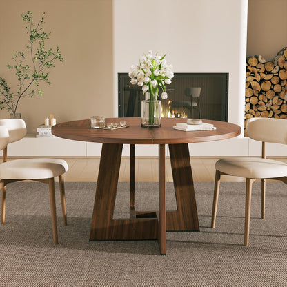 YOUDENOVA Round Dining Table 120 cm, Wooden Dining Table for 4-6 People, Rustic Kitchen Table Aesthetics with Modern Geometry Juncture Base, Rustic Brown (without Chairs) - QUORE