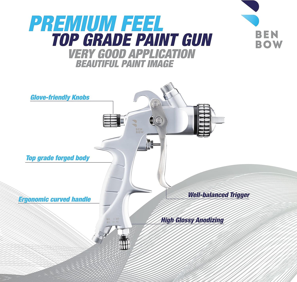 BenBow Verfpistool in koffer 1,4 + 1,8 mm, 2 sproeiers, PK60 HVLP professionele kwaliteit spuitfles met emmer 600 ml, zwaartekrachtpistool, oplosmiddelverf, basis en primer