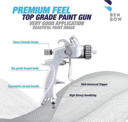 BenBow Verfpistool in koffer 1,4 + 1,8 mm, 2 sproeiers, PK60 HVLP professionele kwaliteit spuitfles met emmer 600 ml, zwaartekrachtpistool, oplosmiddelverf, basis en primer