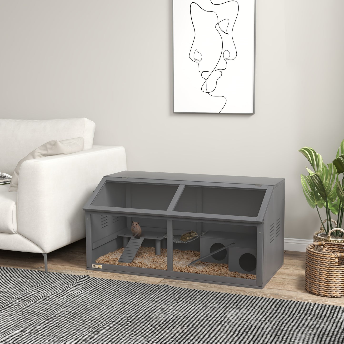 Hamsterkooi – Knaagdierenkooi – Muizenkooi – Gerbilkooi – Kleine Dierenkooi – 100cm Donkergrijs – Open Dak Met Tredebrug & Ladder – Duurzame Plastic Bodem Met Voeder- en Drinkdispenser