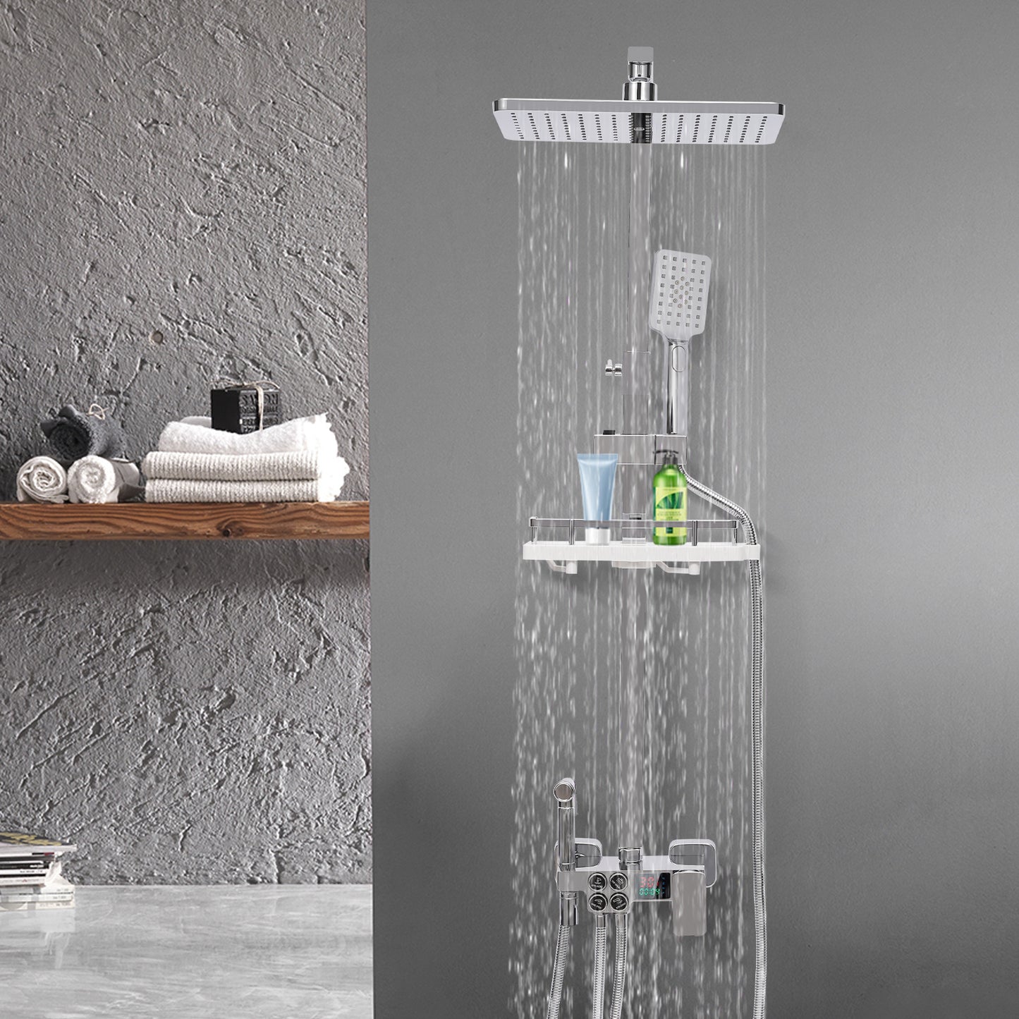 TOOL1SHOOO Modern Stainless Steel Shower System, 4 Water Outlets, Rainfall Showerhead, Handheld Sprayer, Height-Adjustable Shelf, Suitable for Bathrooms, Spas, Hotels