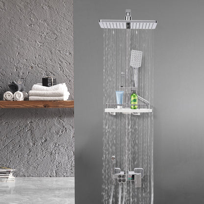 TOOL1SHOOO Modern Stainless Steel Shower System, 4 Water Outlets, Rainfall Showerhead, Handheld Sprayer, Height-Adjustable Shelf, Suitable for Bathrooms, Spas, Hotels