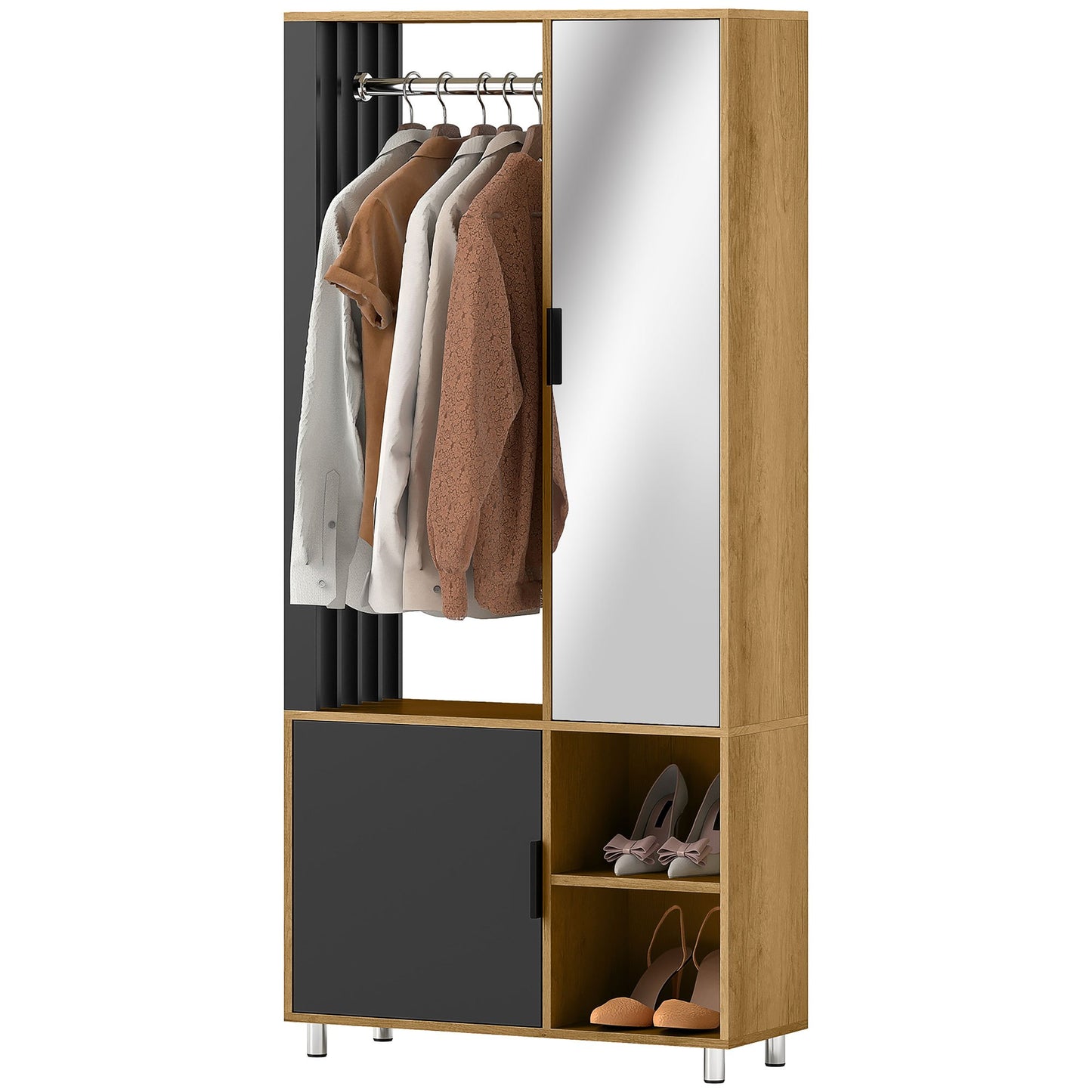 Kast Met Spiegel – Kledingkast – Garderobekast – Opbergkast – Halmeubel – Natuurlijk Hout En Zwart Staal – Met Kledingroede En Open Planken