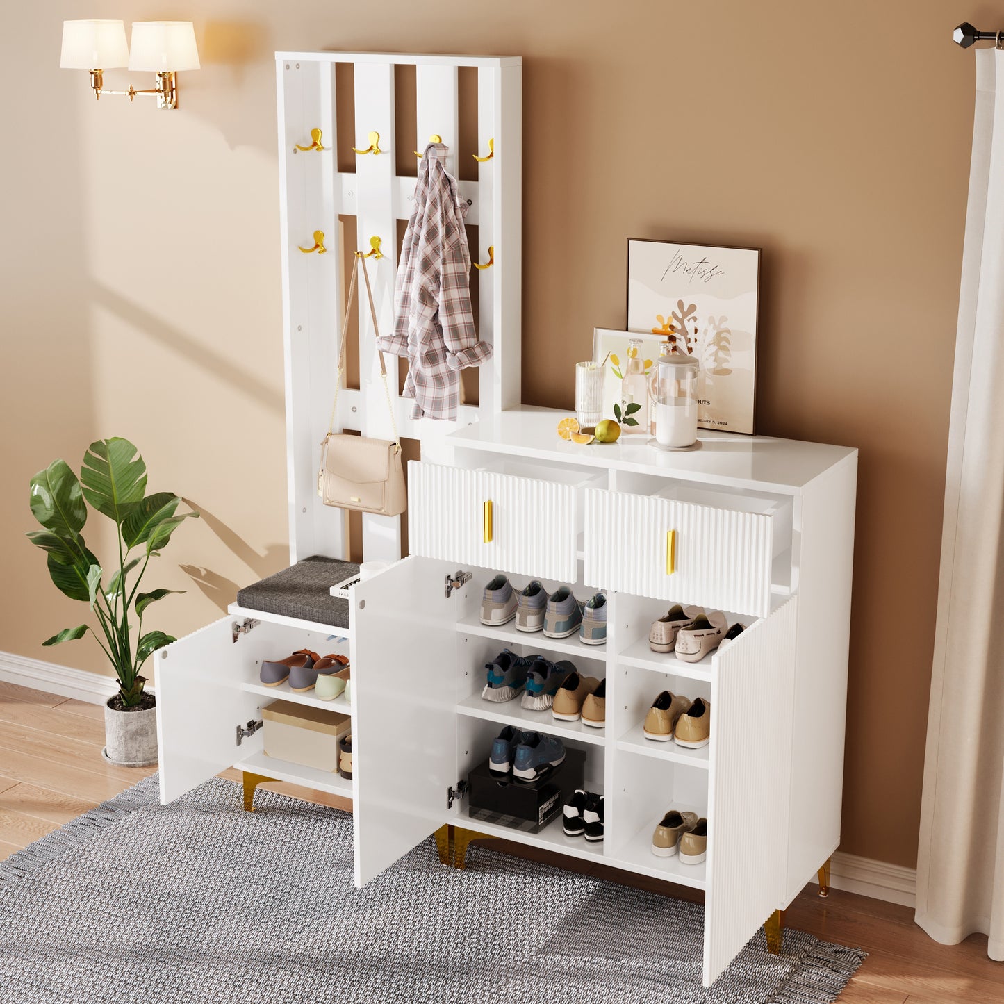 Halmeubel Set – Halmeubelcombinatie – Schoenenkast – Garderobekast – Schoenenbank – Wit – Goudkleurige Haken – Comfortabel Zithoek Met Kussen