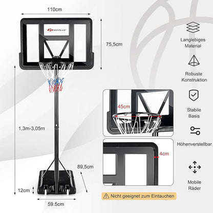 Basketbalpaal – Basketbalstandaard – Basketbalring – Verstelbare Basket – Mobiele Basketbalpaal – Hoogte Verstelbaar 1,3-3,05m – Breukbestendig Achterbord Met Wielen