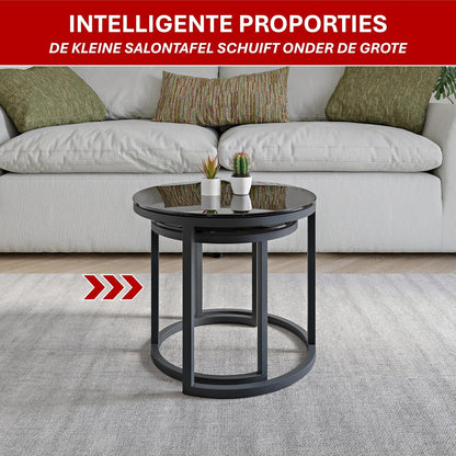 Modena, Set van 2 Salontafels van Gehard Glas en Staal, Handgemaakt in Europa, Bijzettafel, Koffietafel, Coffee Table, Zwart, Ronde, Ø50x43 cm / Ø40x38 cm