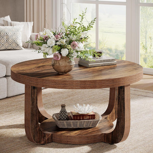Tribesigns Round Coffee Table, 2-Step Round Coffee Table with Storage Space, 80 cm, Modern Accent Table Made of Wood for Living Room, Thick Table Top and Base, Rustic Brown