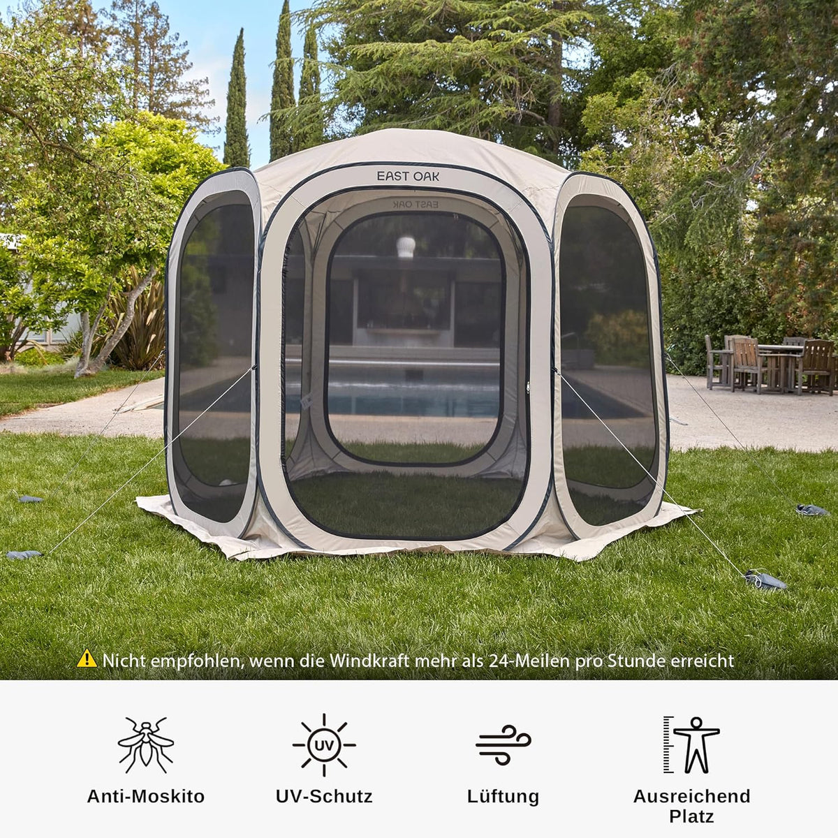 EAST OAK Pop-up tent en paviljoen, 3 x 3 m, grote werptent voor 4-6 personen, gazebo voor camping, tuin, terras, stoffen waterdicht, UPF 50+ uv-bescherming, 360° ventilatie, anti-muggen, met draagtas,