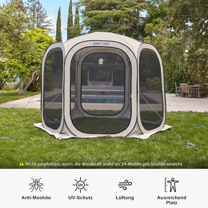 EAST OAK Pop-up tent en paviljoen, 3 x 3 m, grote werptent voor 4-6 personen, gazebo voor camping, tuin, terras, stoffen waterdicht, UPF 50+ uv-bescherming, 360° ventilatie, anti-muggen, met draagtas,