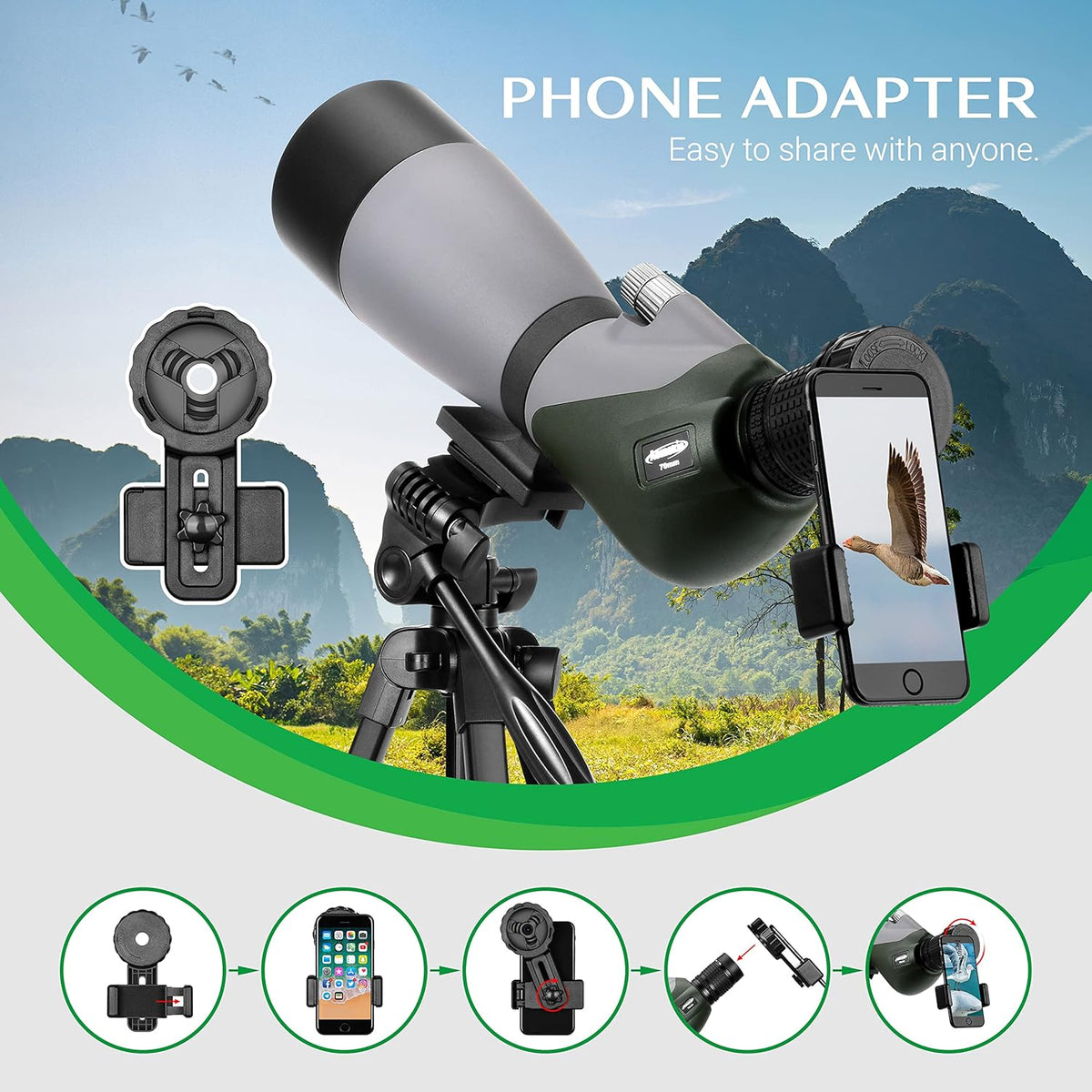 20-60 x 70 HD Telescopische Zoom Spotting Scope met verstelbaar en licht telescopisch statief en telefoonadapter, draagbare telescoop voor wildobservatie, doelschieten en observeren