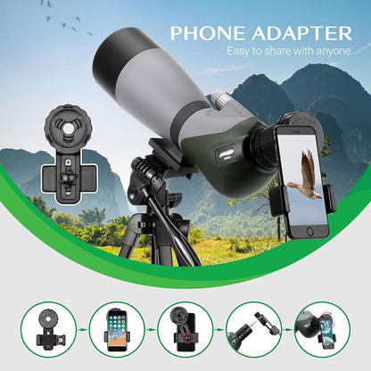 20-60 x 70 HD Telescopische Zoom Spotting Scope met verstelbaar en licht telescopisch statief en telefoonadapter, draagbare telescoop voor wildobservatie, doelschieten en observeren